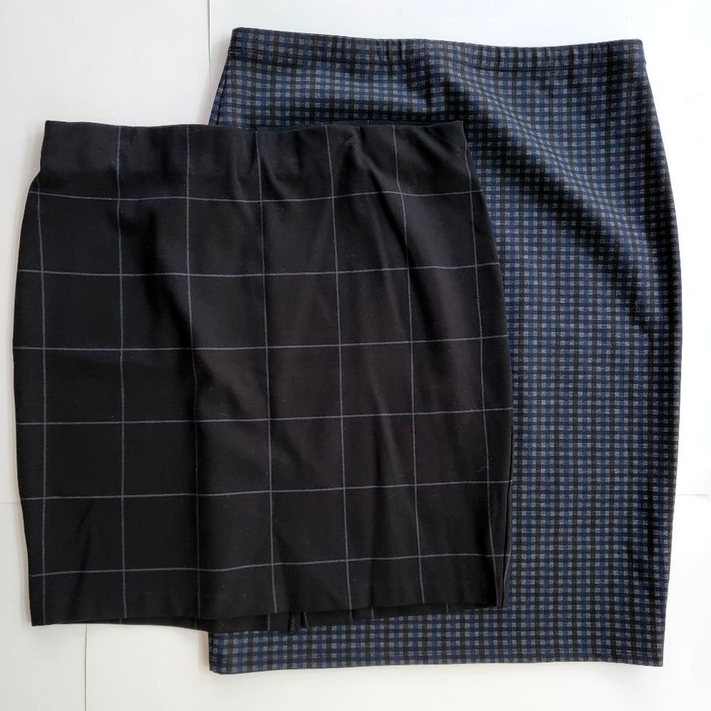 2 Women's Pencil Skirt Max Studio & Kenar Stretch 14 XL Black White Check Y2K